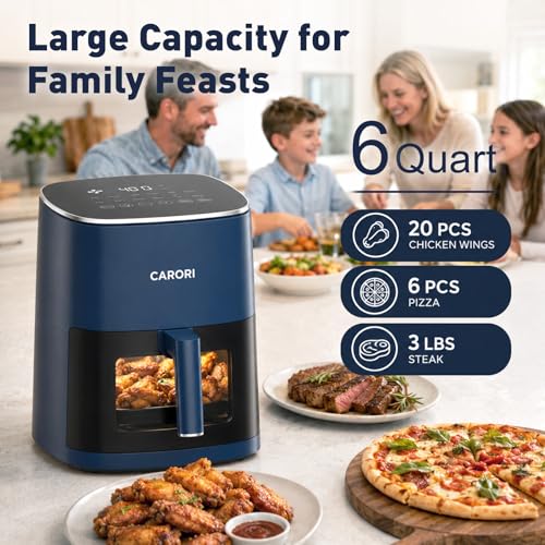 Image of CARORI 6 Qt Air Fryer with Viewing Window, 12 Presets, 1700W, 400F Max, Large Nonstick Dishwasher-Safe Basket, Bake, Roast, Reheat, Dehydrate, Blue