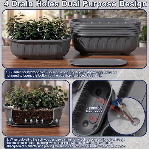 Image of Plastic Rectangle Round Corner Flower Pots with Drainage Hole Saucers Durable Outdoor Indoor Planters with Tray Plant Containers for Balcony, Garden, Home & Office (Grey, 5)