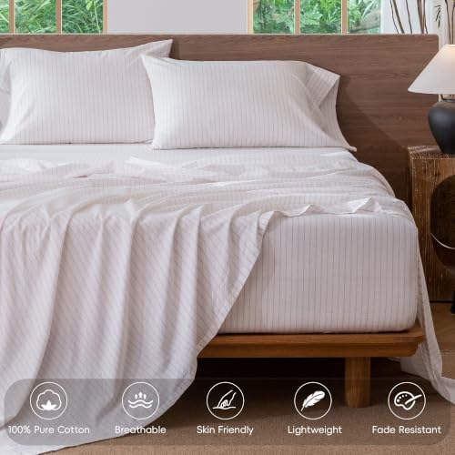 Image of MooMee Striped Sheet Set 100% Washed Cotton Linen Like Queen | Relaxed Linen-like Texture. Soft, Breathable & Lightweight Comfort. 15-19 inch Extra Deep Pocket with All-around Elastic