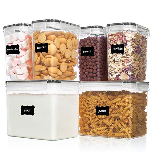 Vtopmart Airtight Food Storage Containers 6 Pieces – Plastic BPA Free Kitchen Pantry Storage Containers for Sugar,Flour and Baking Supplies – Dishwasher Safe – Include 24 Labels, Black