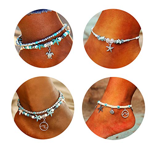 Image of Softones Blue Starfish Turtle Anklet Multilayer Charm Beads Sea Handmade Boho Anklet Foot Jewelry for Women
