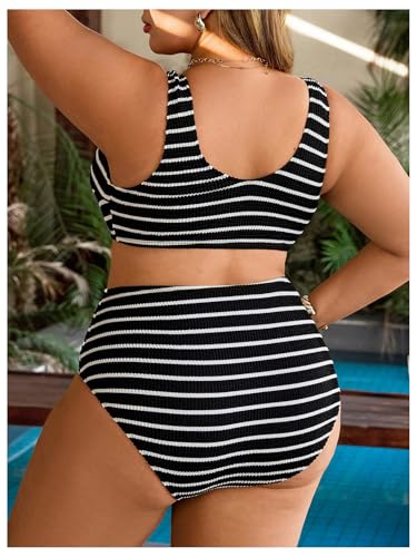 MakeMeChic Women's Plus Size High Waisted Bikini Set Striped V Neck Ring Tummy Control Bathing Suit Swimsuit2