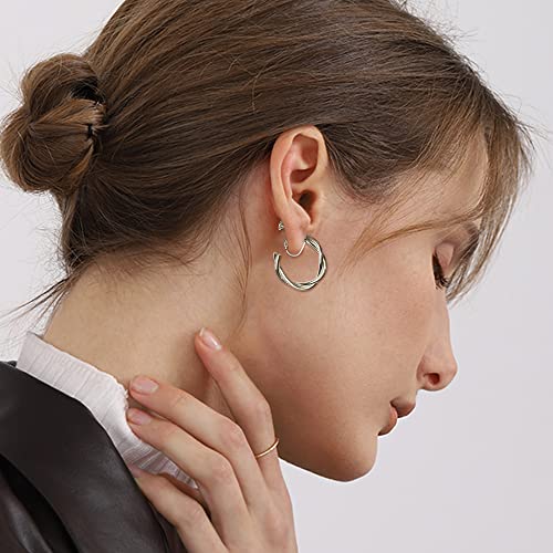 Fibo Steel 3 Paris Clip On Hoop Earrings For Women Twisted Rope Chain Link Open Hoop Non Piercing Hoop Earrings Set Silver Tone #TOP5