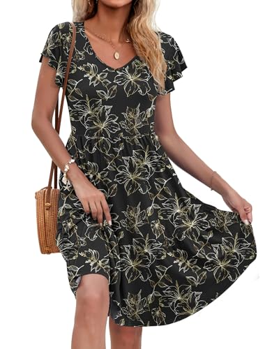 AUSELILY Robe d'été pour Femme Manches Courtes Col V Jupe de Plage à Volants D'été Décontractée Longueur Genou avec Poche Noir Feuille d‘Or 2XL