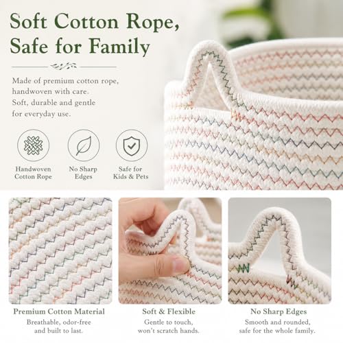 Image of Small Woven Baskets | Mini Storage Bins | Cotton Rope Baby Nursery Organizers | Cute Round Cat Ears Basket for Organizing Desk Decor Kids Toy Dog Cat Baby Girls Gift-Set of 3 (White mixed Colors)