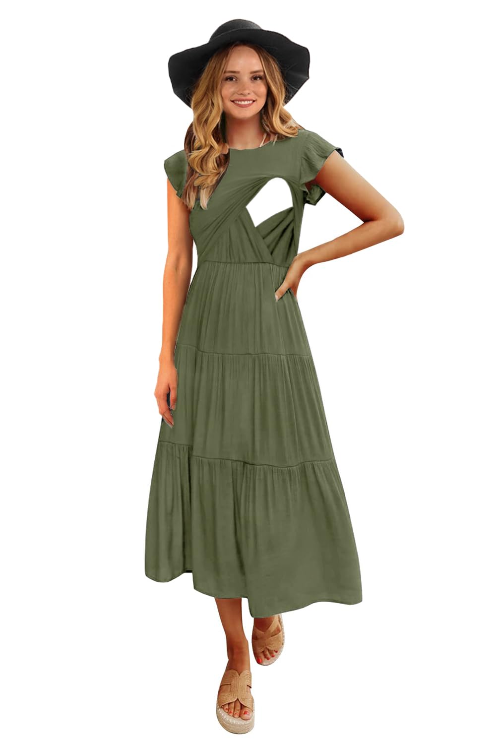 CzzzyL Womens Flutter Short Sleeve Smocked Tiered Nursing Dress