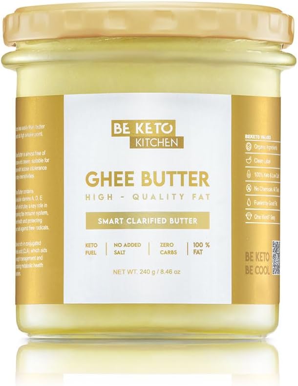 Be Keto Ghee Clarified Butter 240g - High Smoke Point - Lactose Free, Keto Friendly, Paleo - For Cooking, Frying and Bulletproof Coffee