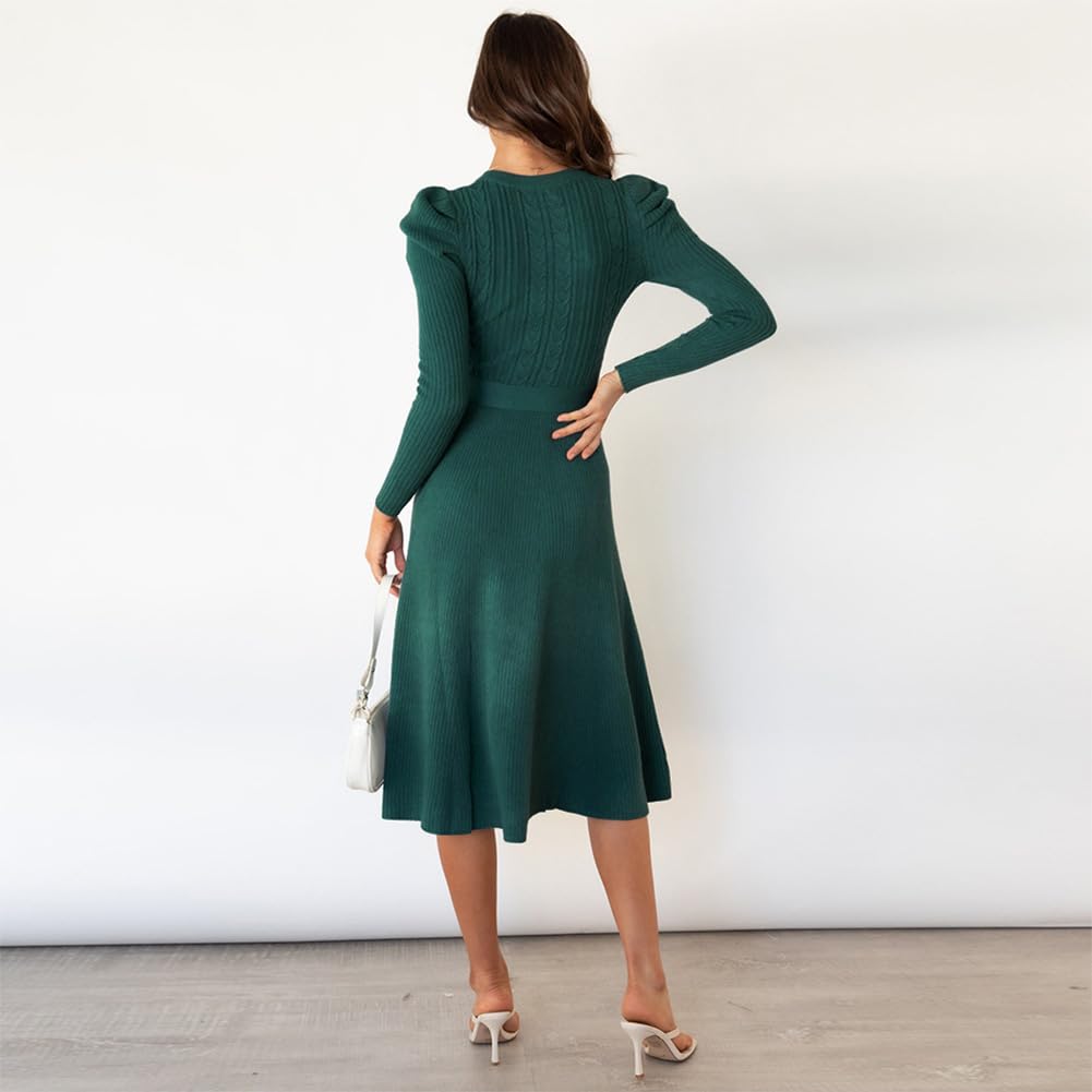 IBAKOM Femmes Automne Pull Robe Hiver Skinny Tricot Manches Longues Lacets Volants Midi A - Type Robe Décontractée