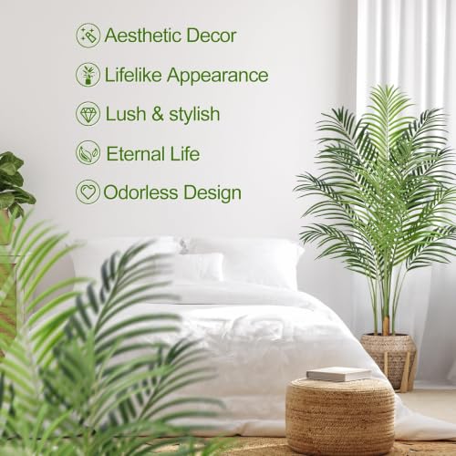 Image of Artificial Palm Tree 4ft Tall Fake Indoor Decor with 13 Trunks and Real Bark Design Faux Tropical Areca Silk Floor Plant in Pot for Home Office Living Room Bedroom 1pcs