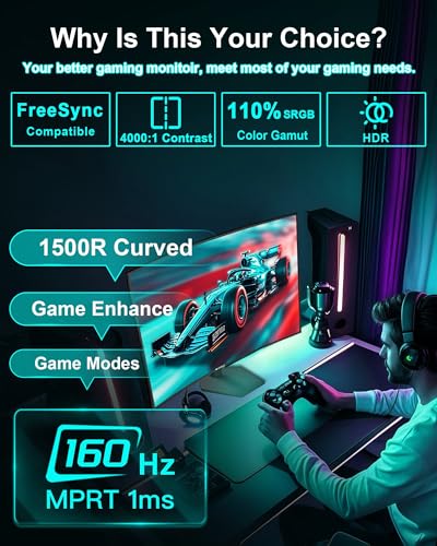 undefined SANSUI 27 Inch Curved 160Hz Gaming Monitor, 1500R Curved Computer Gaming Monitor FHD 1080P, 4000:1, 110% sRGB, FPS/RTS, 1Ms MPRT|FreeSync|HDR|Low Blue Light|HDMI DP| VESA Support, HDMI Cable Incl. の商品画像 1