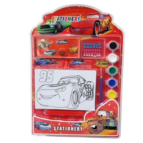 Image of SHAKTISM Painting Canvas for Boys & Girls Arts, Canvas Board with Stand, Water Colour, Sticker and Paint Brush Return Gifts Painting Canvas Board for Kids (Car Painting Kit)