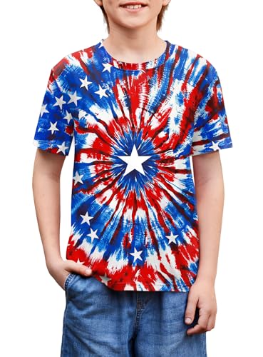 Image of BesserBay Unisex Kids 4th of July American Flag Tee Tie Dye Patriotic Short Sleeve Shirt 6-14 Years