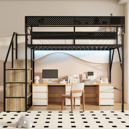 Image of Full Size Metal Loft Bed with Storage Stairs, Wardrobe & Charging Station