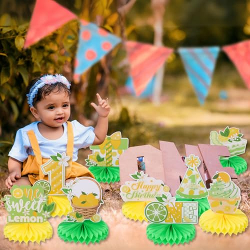 Image of 9pcs Lemon First Birthday Honeycomb Centerpieces Sweet One Lemon Party Table Decorations Summer Lemonade Tabletop Centerpieces for Baby Shower 1st Birthday Table Topper Sign Decorations