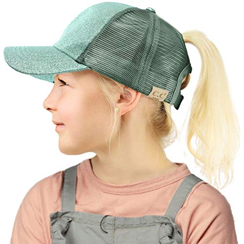 C.C Kids 2-7 Ponytail Messy Buns Ponycaps Baseball Visor Cap Hat Glitter Mint