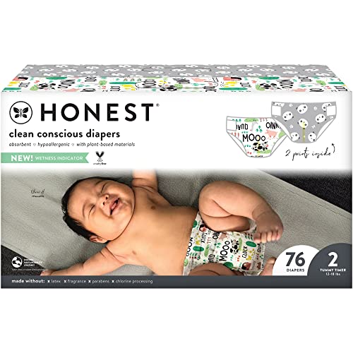 Image of The Honest Company Comfort Dry Disposable Diapers Plant-Based Sustainable Pandas and Barnyard Babies Club Box Size 2 12-18 lbs 76 Count