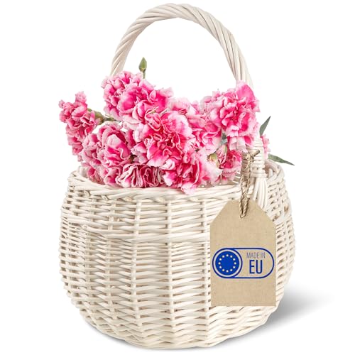 GRANDE QUALITÀ - I cestini in vimini pasquali sono realizzati a mano in vimini naturale al 100%. Il materiale è bianco, durevole e di lunga durata. Inoltre, Il cestino di Pasqua fatto in vimini con manico è molto comodo da portare grazie alla sua leggerezza e al manico. Il cestino è intrecciato a mano, il che lo rende unico, e le sue dimensioni possono oscillare di +/- 2 cm.