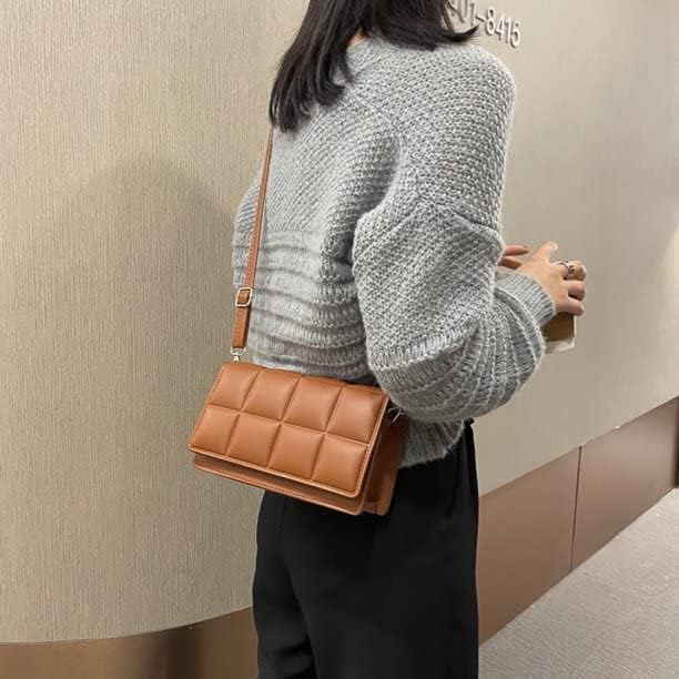 TS WITH TECHSUN Fashion Checker Pattern PU Leather Women Shoulder Hobo Handbag With Long Strap Casual Ladies Small Flap Purse, Party, Wedding, Casual (Brown) 3