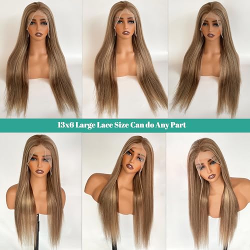 Image of Munx Ash Blonde Lace Front Wig Human Hair, Pre Plucked Straight 13x4 Ombre Highlight Wig Human Hair for White Women Natural Hairline Full 180% Density Brown and Blonde Frontal Wigs 18 inch