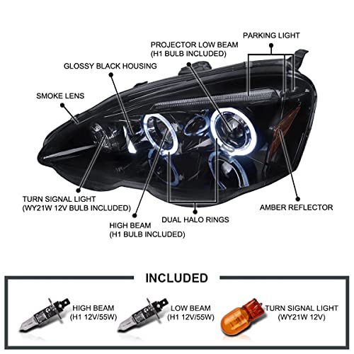 SPEC-D TUNING Black Smoke Dual Halo Projector Headlights Compatible with 2002-2004 Acura RSX, Left + Right Pair Headlamps Assembly - Image 4