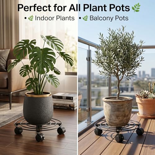 Image of Bloom Buddy Round Metal Plant Stand with Wheels 12 Inch | Heavy Duty Rolling Plant Caddy for Indoor Outdoor Pots | Movable Pot Holder for Balcony, Garden, Patio & Home (1 Pc)