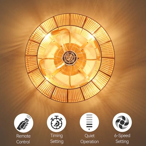 DWVO 18 Inch Boho Caged Ceiling Fan with Lights, Flush Mount Ceiling Fans with Remote, 6 Speeds, Reversible Blades, Enclosed Fan Lights for Living Room, Bedroom, Dining Room, Kitchen