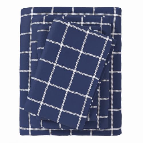 Image of Great Bay Home Flannel Sheet Set Full Size - 100% Turkish Cotton, Double-Brushed, Printed Bed Sheets - Ultra-Soft, Cozy, 4-Piece Bedding Set (Windowpane - Navy /White)