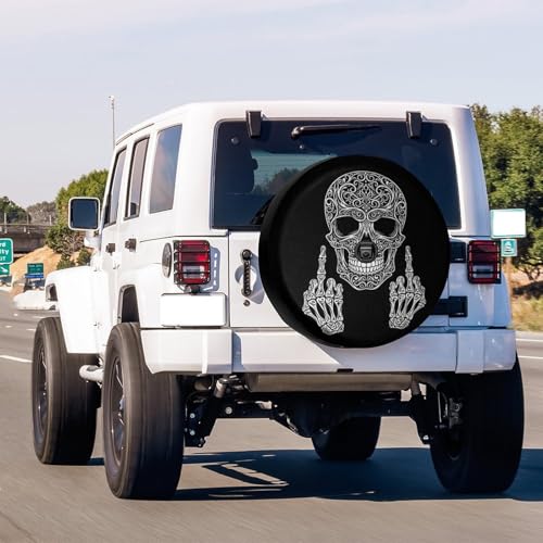 Image of Delerain Spare Tire Cover with Backup Camera Hole Skull Middle Finger Wheel Covers Waterproof Dust-Proof UV Sun Universal Fit for RV Trailer RV SUV Truck (17 Inch for Diameter 31 inch-33 inch)