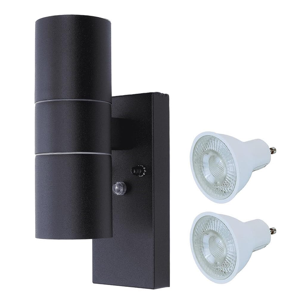 HiSPEC Coral LED Outdoor Up Down Wall Light with Photocell Sensor - Black | Dusk Till Dawn Sensor for Home, Driveway, Garden | Wall Security Light with IP44 Rating | 2 x GU10 Bulbs Included
