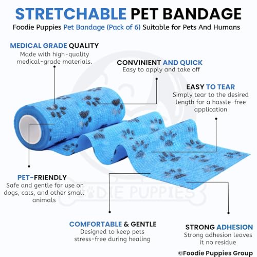 Image of Foodie Puppies 4-Inch Self-Adhesive Kinesiology Pet Bandages - (6 Rolls, Large, 1.8M Each) | Waterproof, Elastic, Breathable Wrap for Dogs, Cats, and Humans | Wound Care, First Aid, Injury Recovery