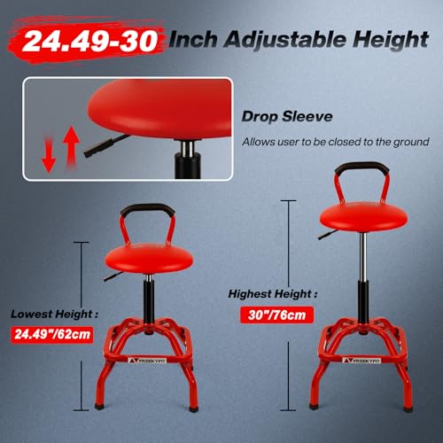 Image of Garage Stool, Adjustable Height Swivel Work Mechanic Shop Stool with Backrest, Pneumatic Shop Chair for Home, Workshop, 300 LBS Capacity, 360 Rotation, Heavy Duty, Red