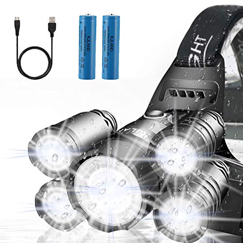 Headlamp, KJLAND 12000 Lumen Ultra Bright 5 LED Head light, USB Rechargeable Waterproof