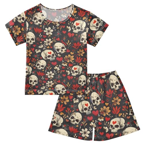 ALAZA Skulls Hearts Flowers Pajama Set Short Sleeve Sleepwear Soft Lounge Nightwear