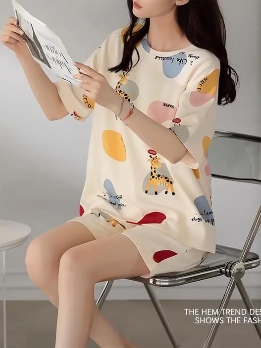 Image of Lunza Women's Cotton Blend Pajama Set, Short Sleeve T-Shirt and Shorts, Cute Bear Print Nightwear