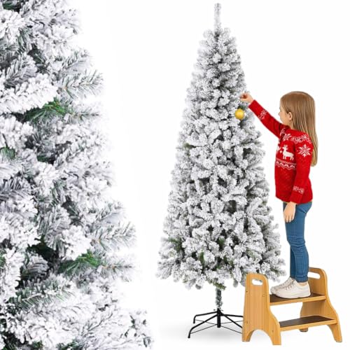 BAKAJI Albero di Natale Slim Molto Folto Ecologico e Ignifugo con Base a Croce in Ferro Pieghevole, Decorazione Natalizia Salvaspazio Foltissima con Rami Realistici (Bianco Saint Moritz, 180 cm)