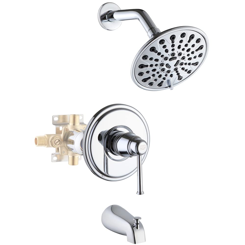 POP SANITARYWARE Shower Faucet Set with Tub Spout Chrome Tub and Shower Trim Kit with 6-Spray Touch-Clean Shower Head, Bathroom Single-Handle Tub and Shower System, Rough-in Valve Included
