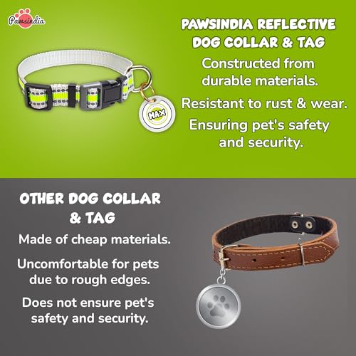 Image of Pawsindia Reflective Collar with Name Tag for Small & Medium Dogs, 0.75 Inches Wide and Adjustable Length Comes with Customize Name Tag - Green