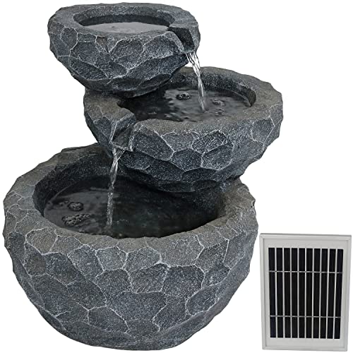 Sunnydaze 3-Tier Chiseled Basin 17-Inch Solar Powered Fountain with Battery Backup for Garden, Patio, Yard or Balcony - Polyresin