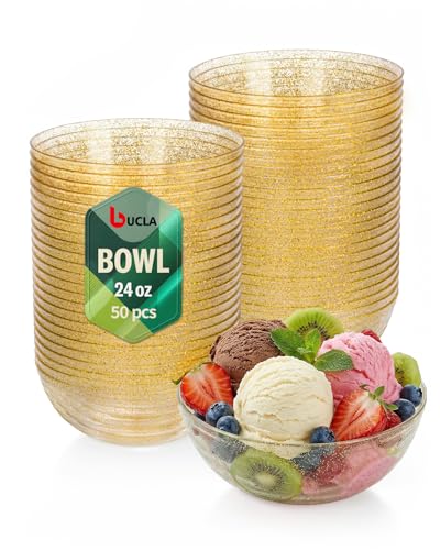 bUCLA 50Pack Gold Glitter Plastic Serving Bowls - 24oz Gold Disposable Dessert/Salad/Soup/Salad/Fruit/Cereal Bowls for Wedding & Party