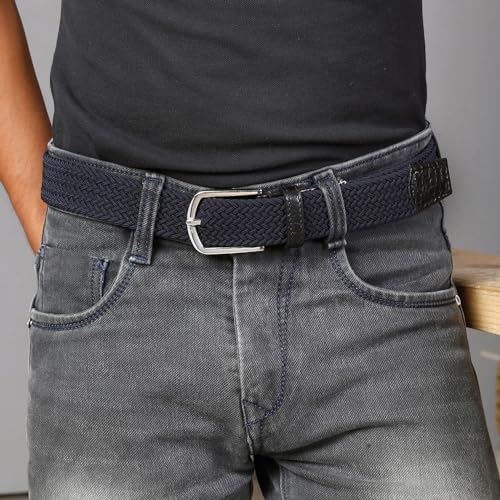 Image of LOUIS STITCH Men's Braided Elastic Stretch Belt with Leather Tipped End Stretchable Canvas Waist Band for Men Women Boys Girls Unisex (Width 3 cm) (BE-EL)