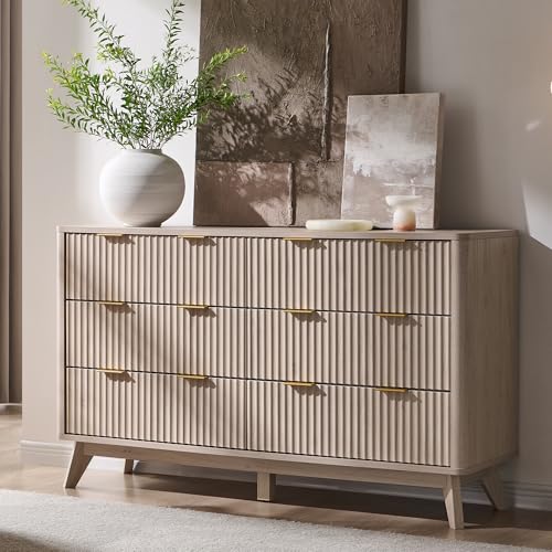 Image of T4TREAM Fluted 6 Drawers Dresser, 54 inch Wide Modern Chest of Drawers, Curved Profile Design, Dresser TV Stand, Wood Drawer Organizer for Bedroom, Living Room, Hallway, White Alder