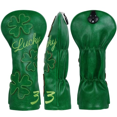Golf Headcovers Golf Club Head Covers Four Leaf Clover Good Luck Charm - Clover Style Premium Leather Driver Fairway(FW) Wood Hybrid(UT) with Number Tags (Fairway Wood 3 Headcover-Green) - Thumbnail 2
