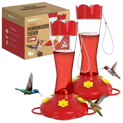 MEKKAPRO Two-Pack Hummingbird Feeders for Outdoors Hanging Made from Glass, 10oz, Hanging 5 Nectar Feeding Stations, Top Fill Hummingbird Feeder, Bright Red, Backyard Feeder (10 Ounce - 2 Pack)
