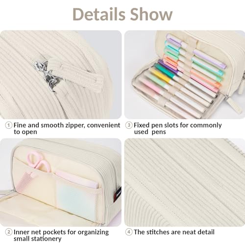 Image of Sooez Big Capacity Pencil Case Pen Pouch, Soft Corduroy Pencil Bag with 3 Compartment, Multiple Pockets, Sturdy Zipper, Cute School Supplies Pen Bag Organizer For Teen Girls College, Beige