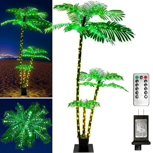 JREWDOIN Artificial Lighted Palm Trees for Indoor Decor 6.3Ft 219 LED Plug in Fake Tree with 8 Modes & Timer & Waterproof for Outside Patio/Christmas/Pool/Yard/Hawaiian Office/Party/Bar Decor