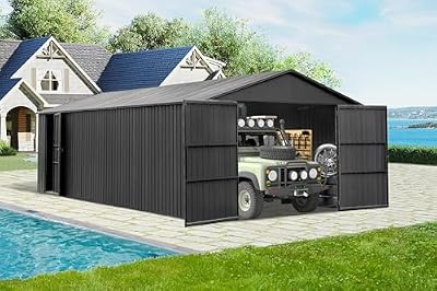 Domi 12x25FT Outdoor Metal Garage Shed, Extra Large Metal Carport with Lockable Double Hinged Doors, Heavy Duty Car Shelter for Car, Truck, Motorcycle and Lawn Equipment, Dark Grey