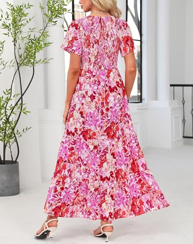 Image of Kranda Women 2025 Summer Fall Crewneck Short Sleeve Smocked Floral Maxi Dress