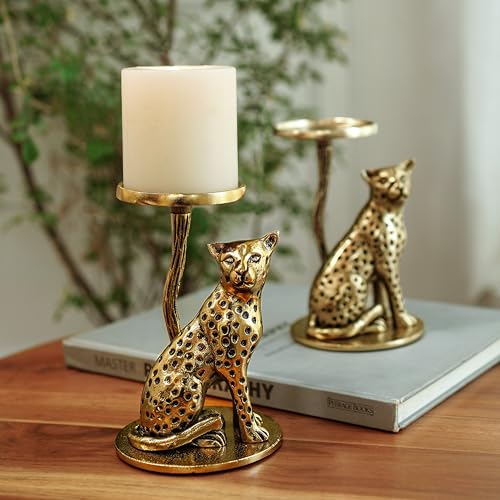 Image of BEHOMA Handcrafted Aluminium Jaguar Pillar Candle Holder, Gold - Pack of 5 | Tabletop Home Decor Showpiece House Warming for Men | Wedding & Anniversary Decorative | Gold (Candle Not Included)