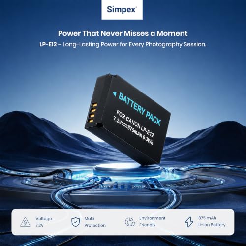 Image of Simpex LP-E12 Rechargeable Camera Battery 7.2V Li-ion Replacement Battery Compatible with Canon EOS M, M2, M10, M50, M100, 100D, Kiss M, Kiss X7, Rebel SL1 & PowerShot SX70 HS(Black)