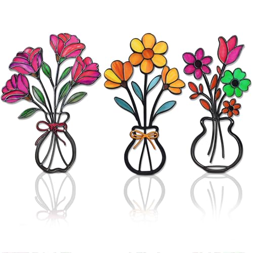 FaloStwer 3 Pieces Metal Vase Flowers Wall Arts Decor, Rustic